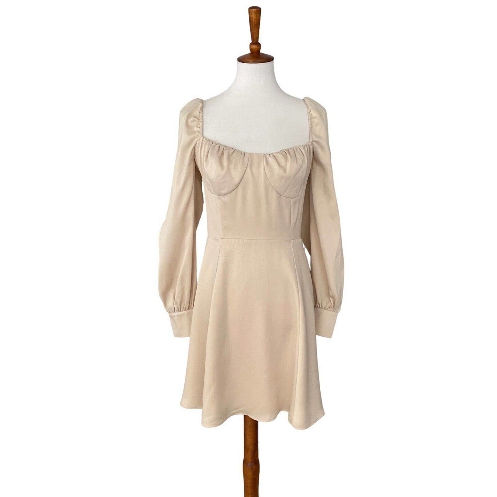 LEYDEN Beige Satin Bustier Seam Balloon Sleeve Smocked Fit & Flare Dress LARGE